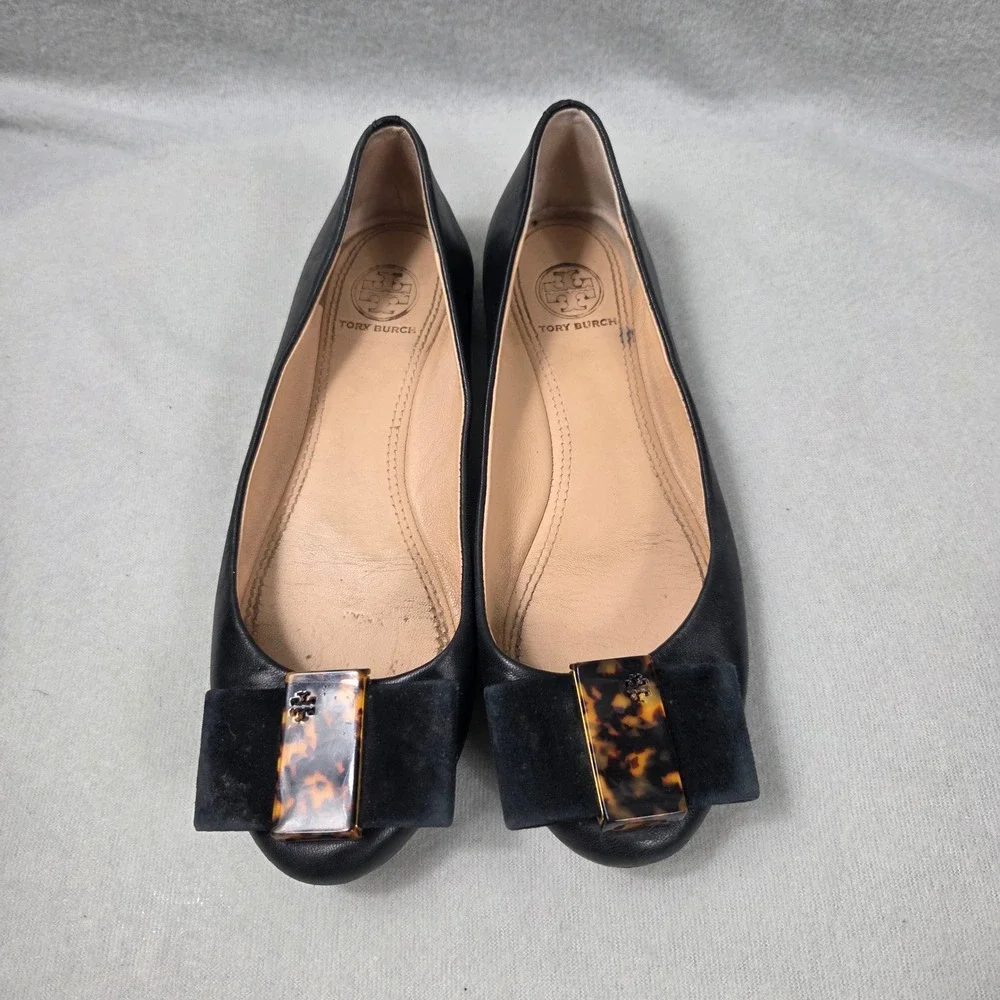 Tory Burch Black Leather Ballet Flats Tortoiseshell Bow Logo Buckle Womens 6M